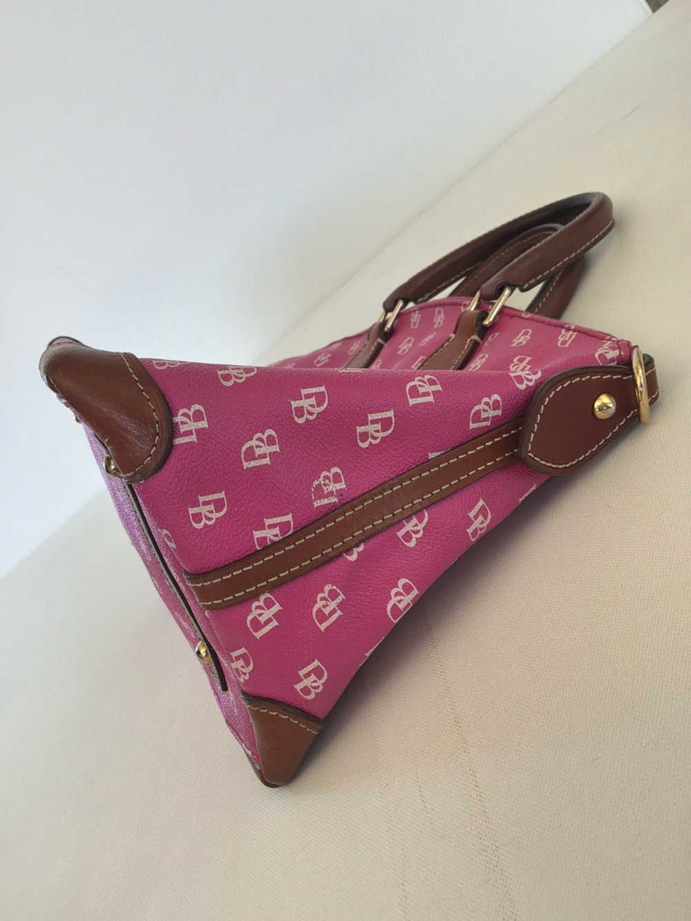 Dooney & Bourke Pink DB Monogram Satchel Top Handle Handbag Purse Leather Trim - Picture 5 of 14